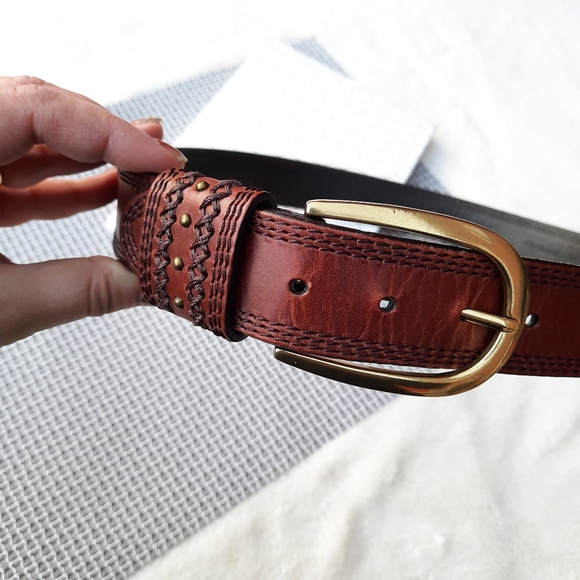 Dockers Braided and Stitched Studded Oversized Buckle Leather Belt XL Brown - Picture 2 of 12